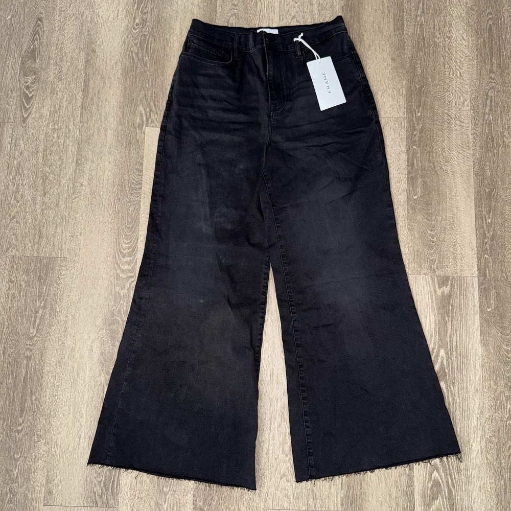 NWT Frame Le Palazzo Crop Raw Hem Wide Leg High Rise Jeans Womens 31 Black Kerry